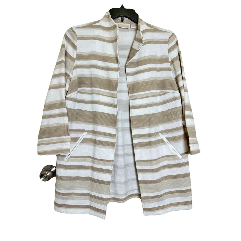 Womens CHICO'S Modern Striped Duster‎ Jacket Tan White Open Front Sz 1 M 8